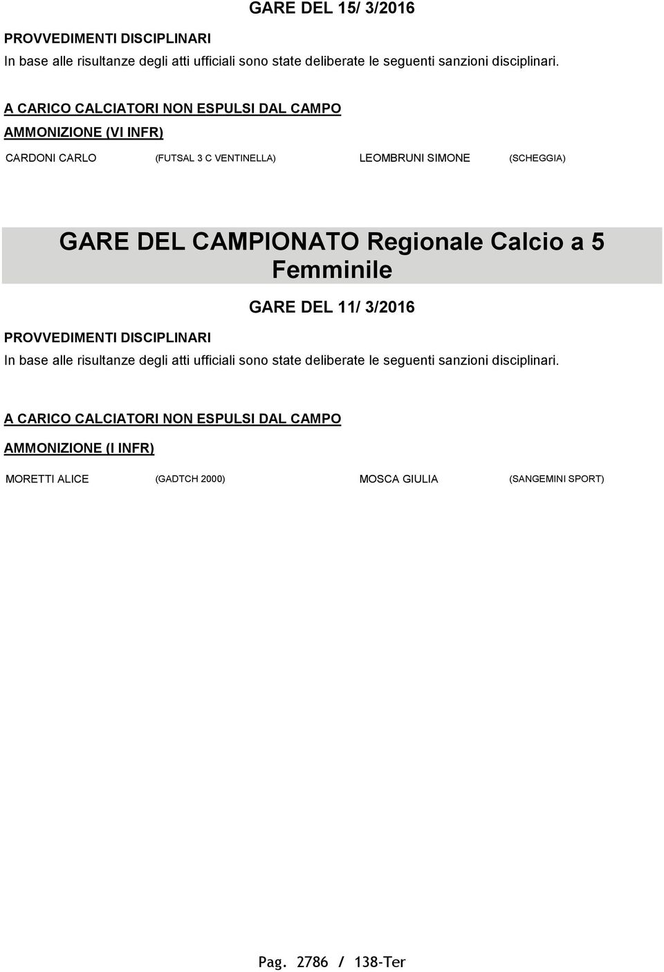 Calcio a 5 Femminile PROVVEDIMENTI DISCIPLINARI GARE DEL 11/ 3/2016 AMMONIZIONE (I