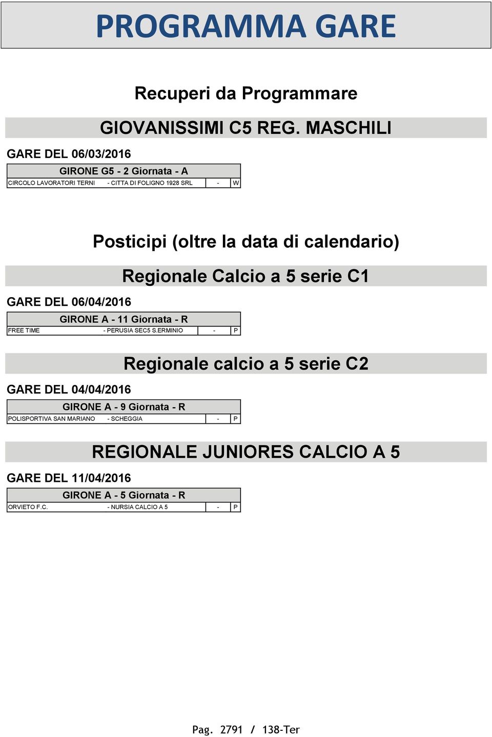 di calendario) Regionale Calcio a 5 serie C1-11 Giornata - R FREE TIME - PERUSIA SEC5 S.