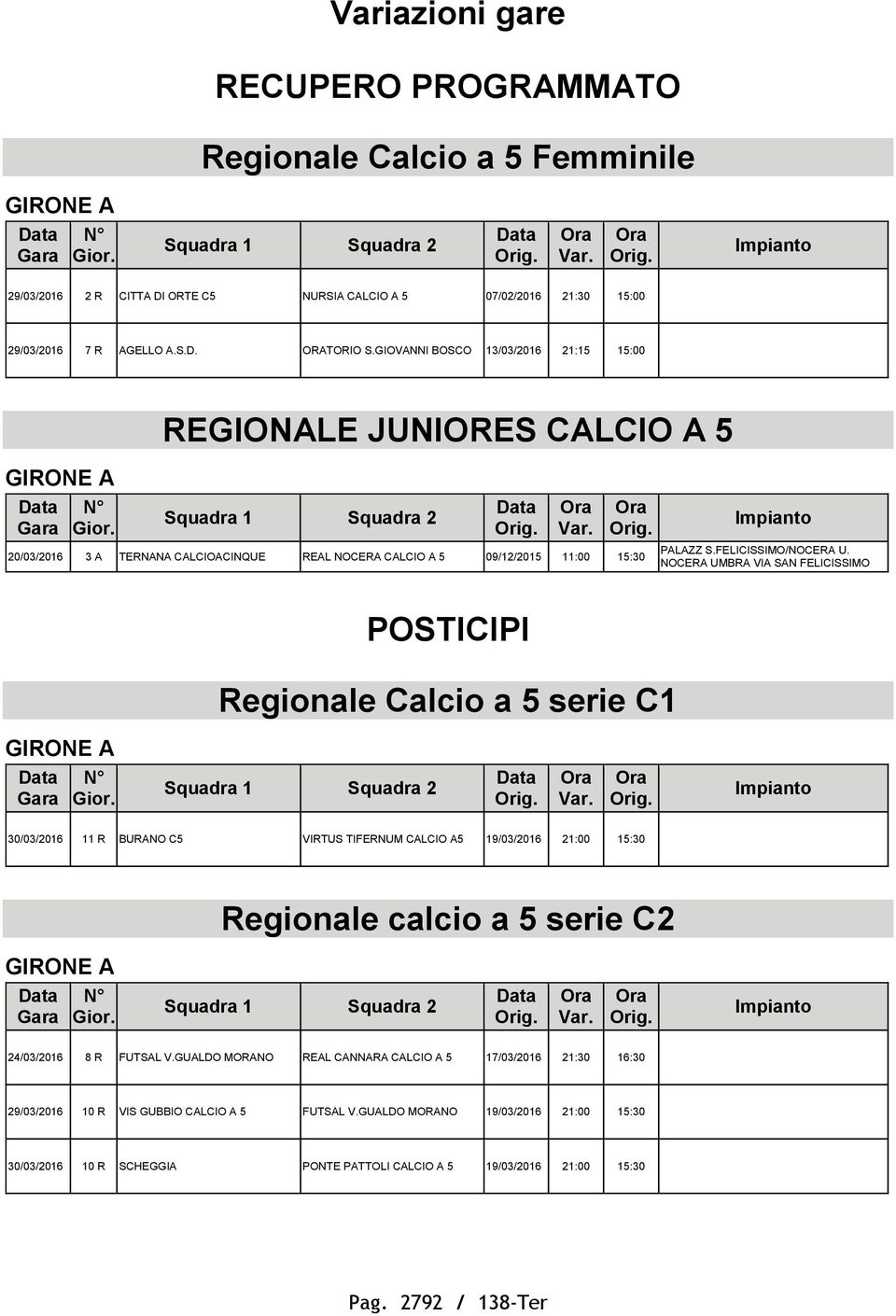 NOCERA UMBRA VIA SAN FELICISSIMO POSTICIPI Regionale Calcio a 5 serie C1 30/03/2016 11 R BURANO C5 VIRTUS TIFERNUM CALCIO A5 21:00 15:30 Regionale calcio a 5 serie C2 24/03/2016 8 R FUTSAL V.