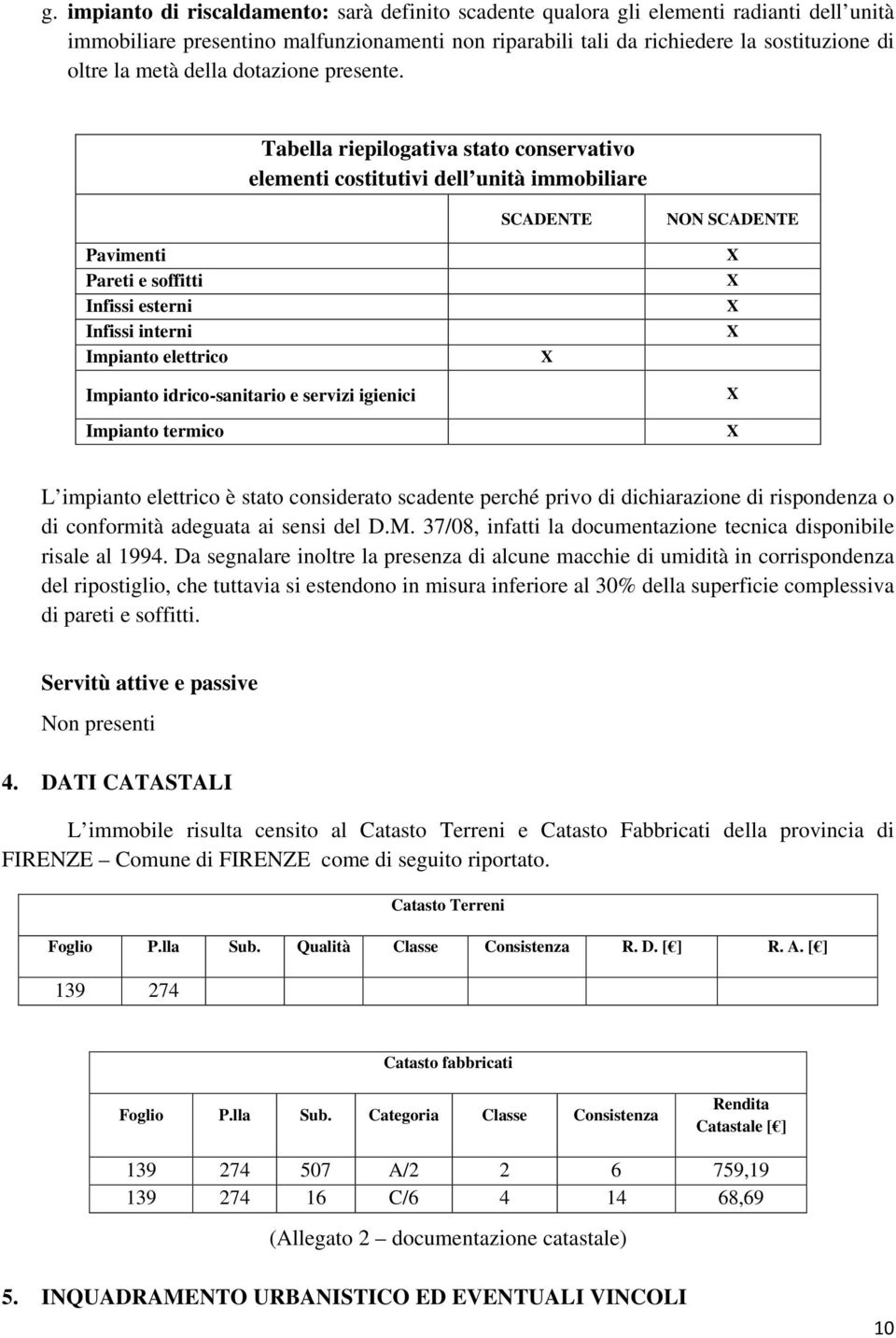 Tabella riepilogativa stato conservativo elementi costitutivi dell unità immobiliare Pavimenti Pareti e soffitti Infissi esterni Infissi interni Impianto elettrico Impianto idrico-sanitario e servizi