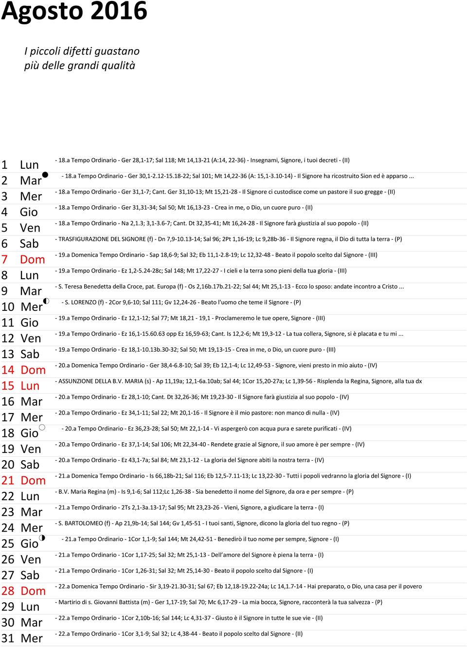 a Tempo Ordinario - Ger 30,1-2.12-15.18-22; Sal 101; Mt 14,22-36 (A: 15,1-3.10-14) - Il Signore ha ricostruito Sion ed è apparso... - 18.a Tempo Ordinario - Ger 31,1-7; Cant.