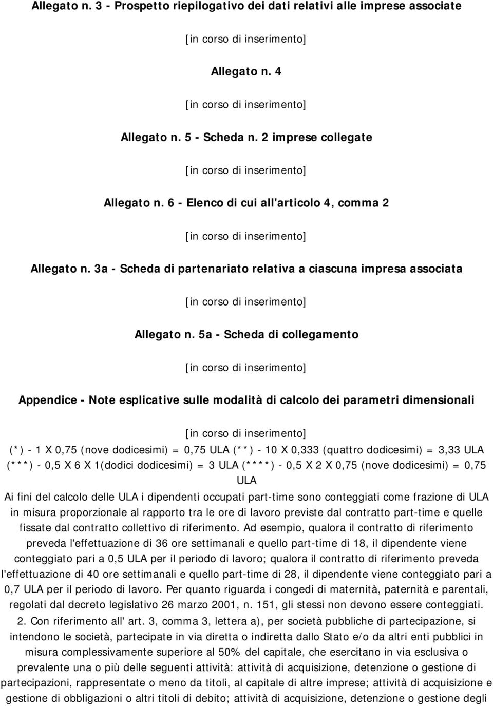 5a - Scheda di collegamento Appendice - Note esplicative sulle modalità di calcolo dei parametri dimensionali (*) - 1 X 0,75 (nove dodicesimi) = 0,75 ULA (**) - 10 X 0,333 (quattro dodicesimi) = 3,33