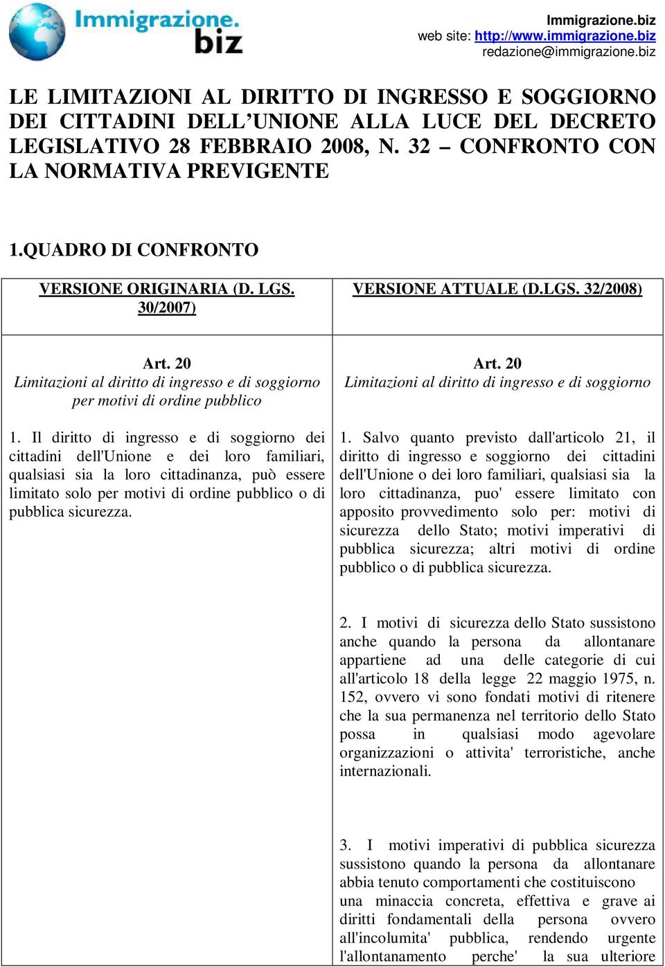 QUADRO DI CONFRONTO VERSIONE ORIGINARIA (D. LGS. 30/2007) VERSIONE ATTUALE (D.LGS. 32/2008) Art. 20 Limitazioni al diritto di ingresso e di soggiorno per motivi di ordine pubblico 1.