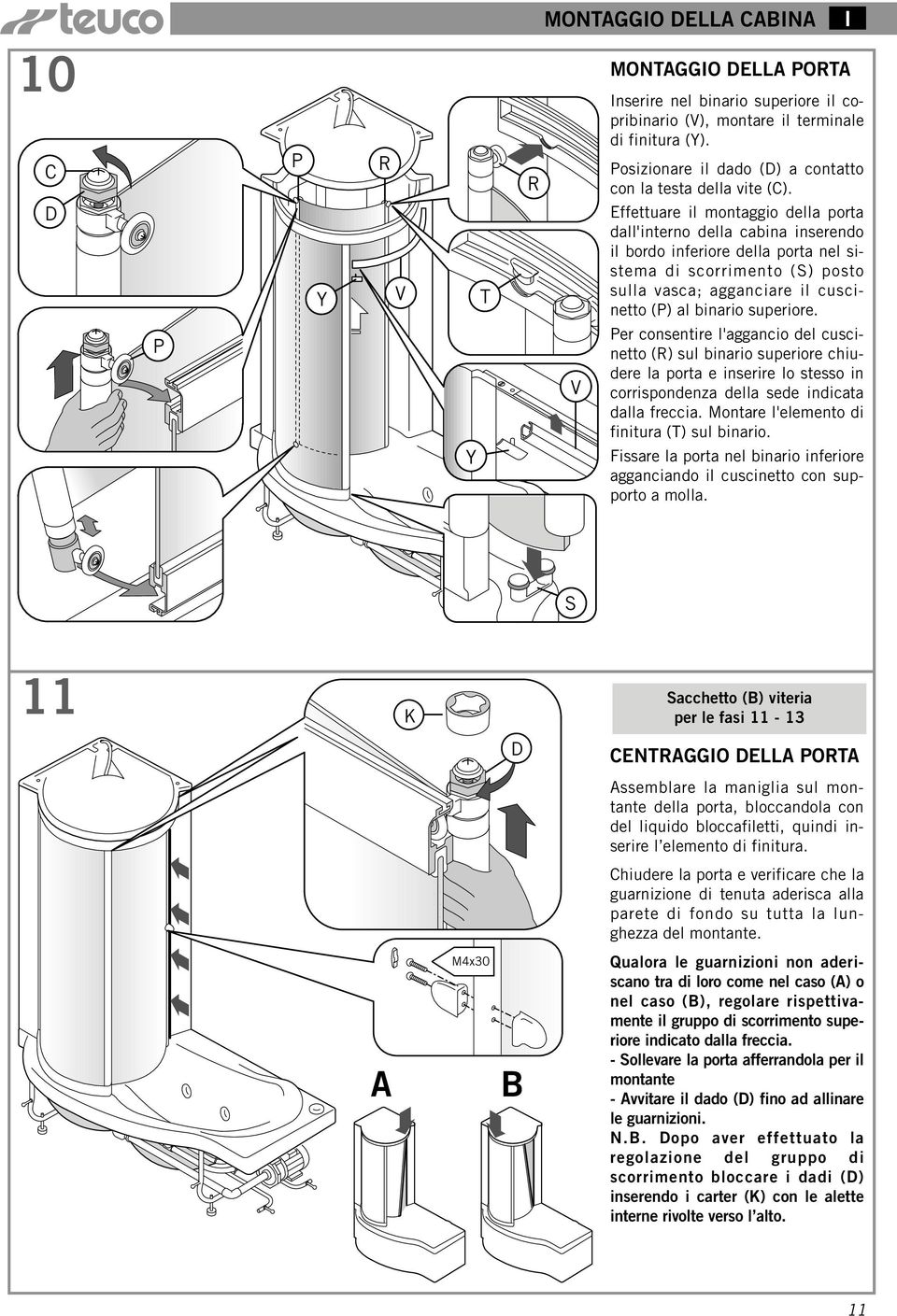 Effettuare il montaggio della porta dall'interno della cabina inserendo il bordo inferiore della porta nel sistema di scorrimento (S) posto sulla vasca; agganciare il cuscinetto (P) al binario