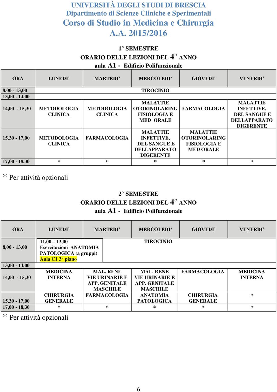 17,00-18,30 Per attività opzionali ORARIO DELLE LEZIONI DEL 4 ANNO aula A1 - Edificio Polifunzionale 8,00-13,00 14,00-15,30 11,00 13,00 Aula C1 3 piano MEDICINA INTERNA CHIRURGIA