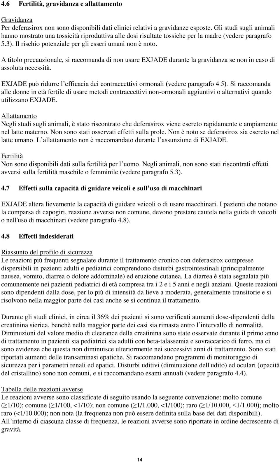 A titolo precauzionale, si raccomanda di non usare EXJADE durante la gravidanza se non in caso di assoluta necessità. EXJADE può ridurre l efficacia dei contraccettivi ormonali (vedere paragrafo 4.5).