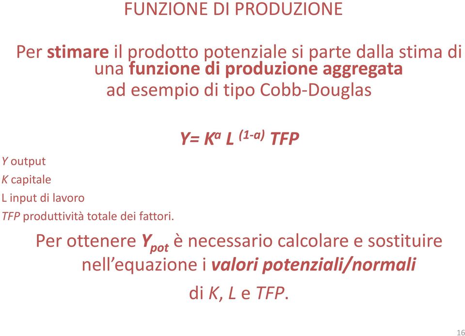 input di lavoro Y= K a L (1 a) TFP TFP produttività totale dei fattori.