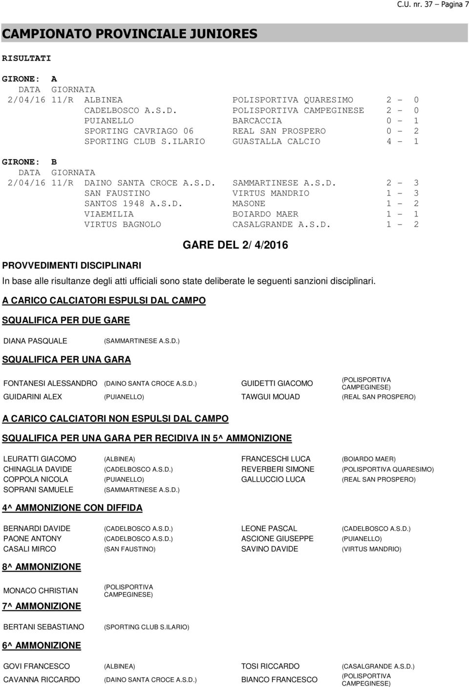 S.D. 2-3 SAN FAUSTINO VIRTUS MANDRIO 1-3 SANTOS 1948 A.S.D. MASONE 1-2 VIAEMILIA BOIARDO MAER 1-1 VIRTUS BAGNOLO CASALGRANDE A.S.D. 1-2 PROVVEDIMENTI DISCIPLINARI GARE DEL 2/ 4/2016 In base alle risultanze degli atti ufficiali sono state deliberate le seguenti sanzioni disciplinari.