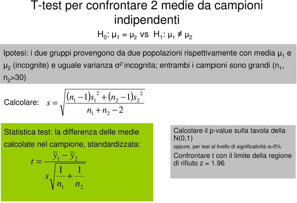 : s Statstca test: la dfferea delle mede calcolate el campoe, stadardata: t s y y Calcolare l p-value