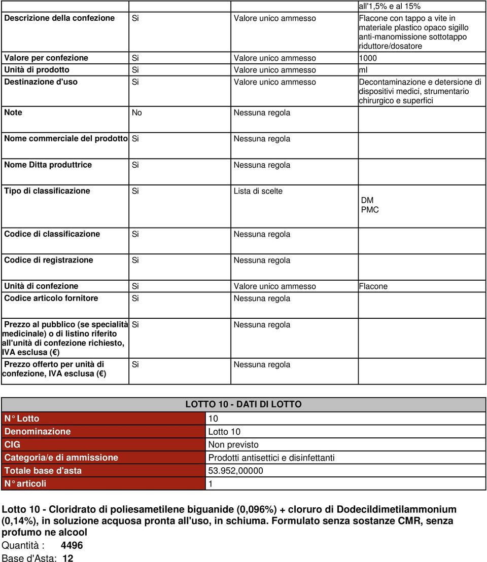 Note No Nome commerciale del prodotto Nome Ditta produttrice Tipo di classificazione Lista di scelte Codice di classificazione Codice di registrazione Unità di confezione Valore unico ammesso Flacone