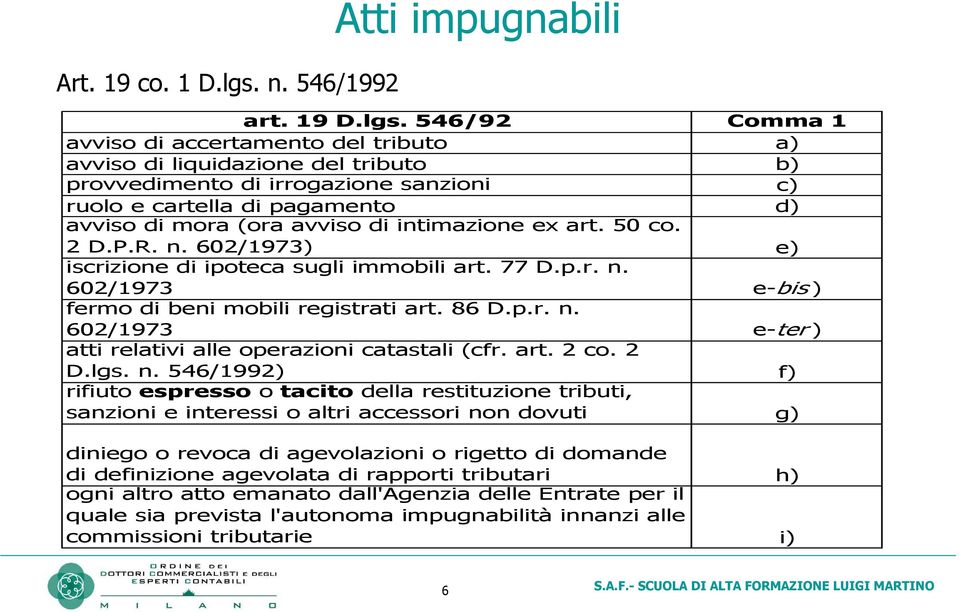 546/92 Comma 1 avviso di accertamento del tributo a) avviso di liquidazione del tributo b) provvedimento di irrogazione sanzioni c) ruolo e cartella di pagamento d) avviso di mora (ora avviso di