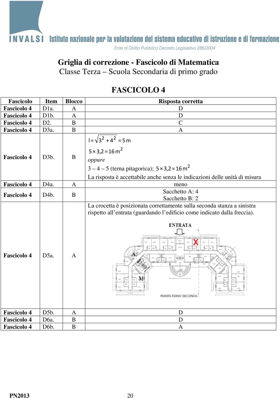 B 5 3,2 = 16 m oppure 2 3 4 5 (terna pitagorica); 5 3,2 = 16 m La risposta è accettabile anche senza le indicazioni delle unità di misura Fascicolo 4 D4a. A meno Fascicolo 4 D4b.