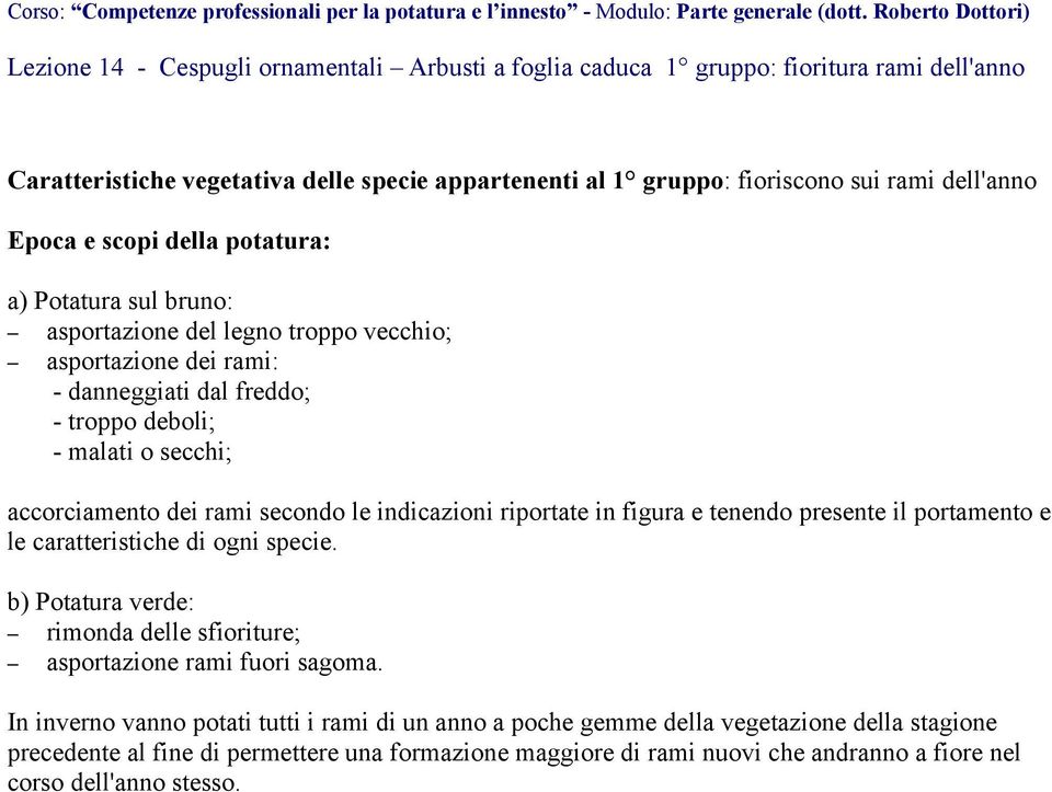 presente il portamento e le caratteristiche di ogni specie. b) verde: rimonda delle sfioriture; asportazione rami fuori sagoma.