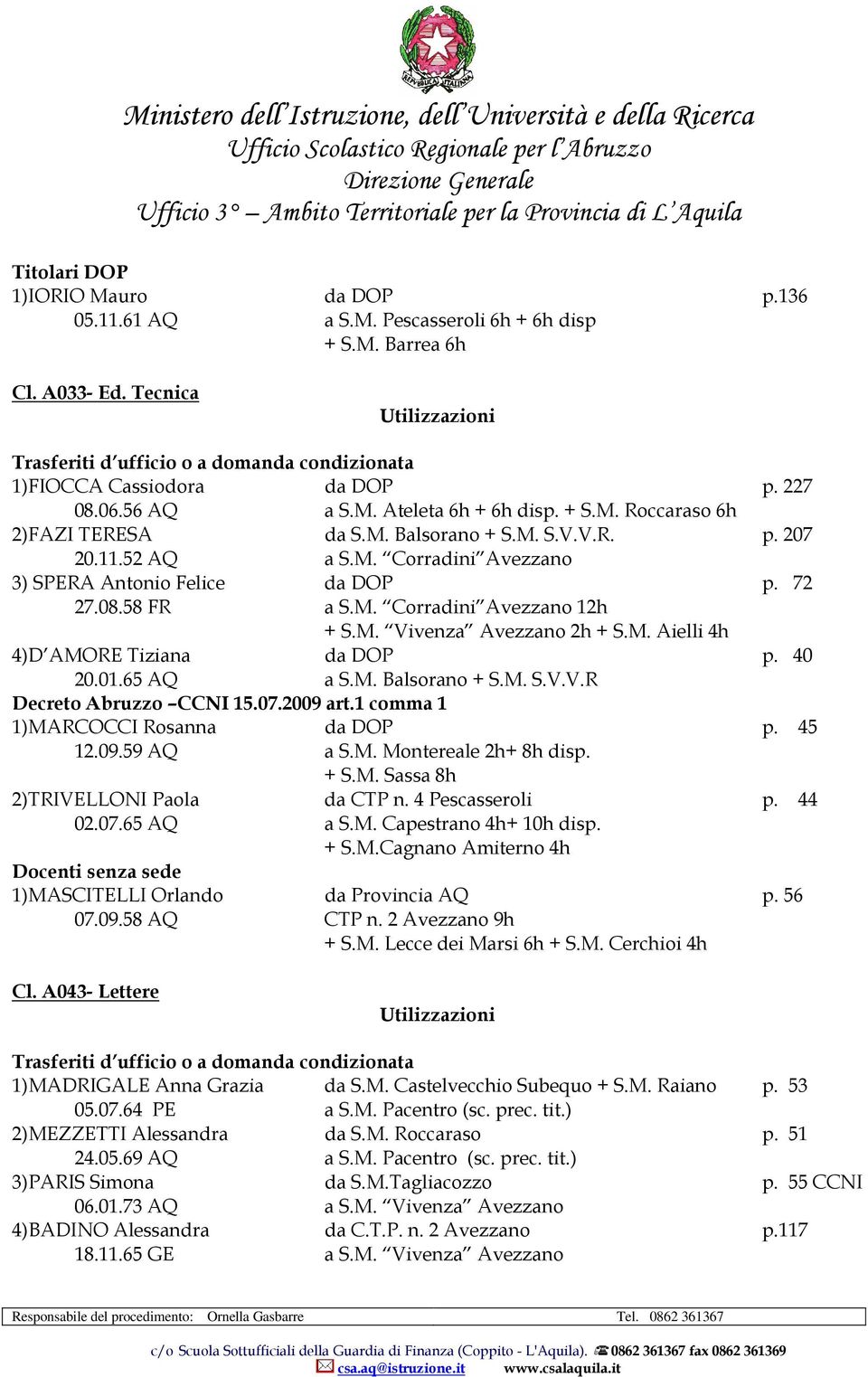 M. Aielli 4h 4)D AMORE Tiziana da DOP p. 40 20.01.65 AQ a S.M. Balsorano + S.M. S.V.V.R Decreto Abruzzo CCNI 15.07.2009 art.1 comma 1 1)MARCOCCI Rosanna da DOP p. 45 12.09.59 AQ a S.M. Montereale 2h+ 8h disp.