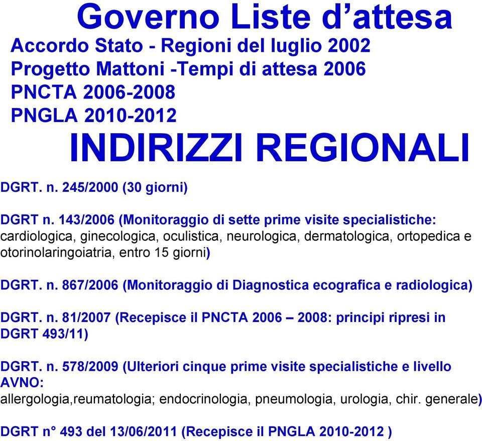 143/2006 (Monitoraggio di sette prime visite specialistiche: cardiologica, ginecologica, oculistica, neurologica, dermatologica, ortopedica e otorinolaringoiatria, entro 15 giorni) DGRT.