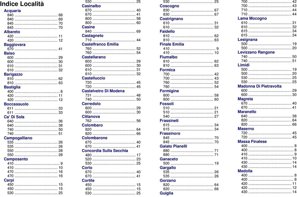 .. 9 410... 10 470... 16 470... 16 Carpi 450... 15 450... 15 530... 25 530... 25 Casinalbo 670... 40 670... 41 800... 58 800... 60 Casine 840... 69 Castagneto 710... 44 Castelfranco Emilia 760.