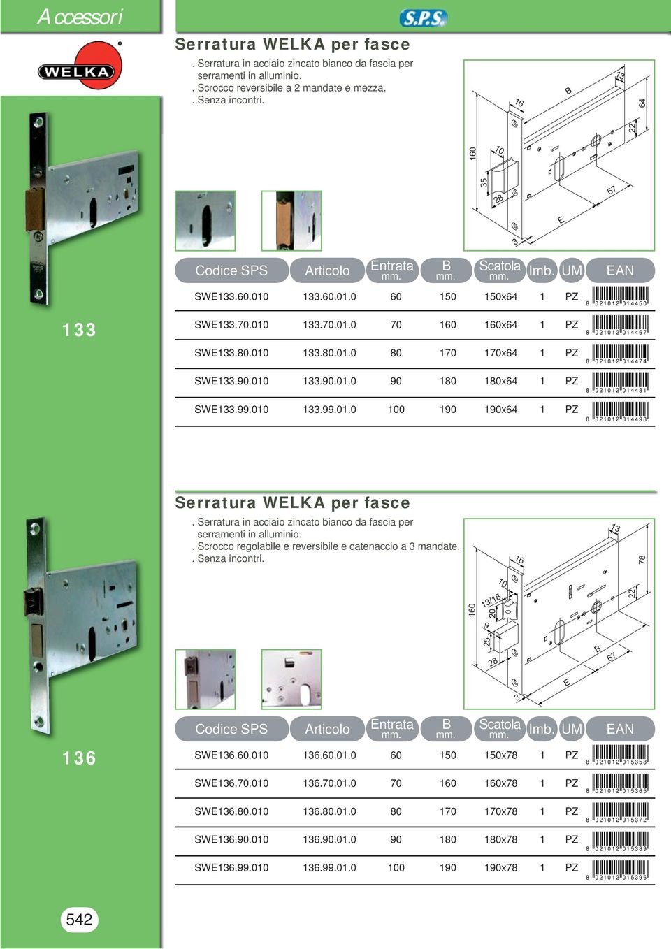 Serratura in acciaio zincato bianco da fascia per serramenti in alluminio.. Scrocco regolabile e reversibile e catenaccio a mandate.. Senza incontri. 16 1 78 160 1/18 9 2825 20 67 16 SW16.60.0 16.60.01.