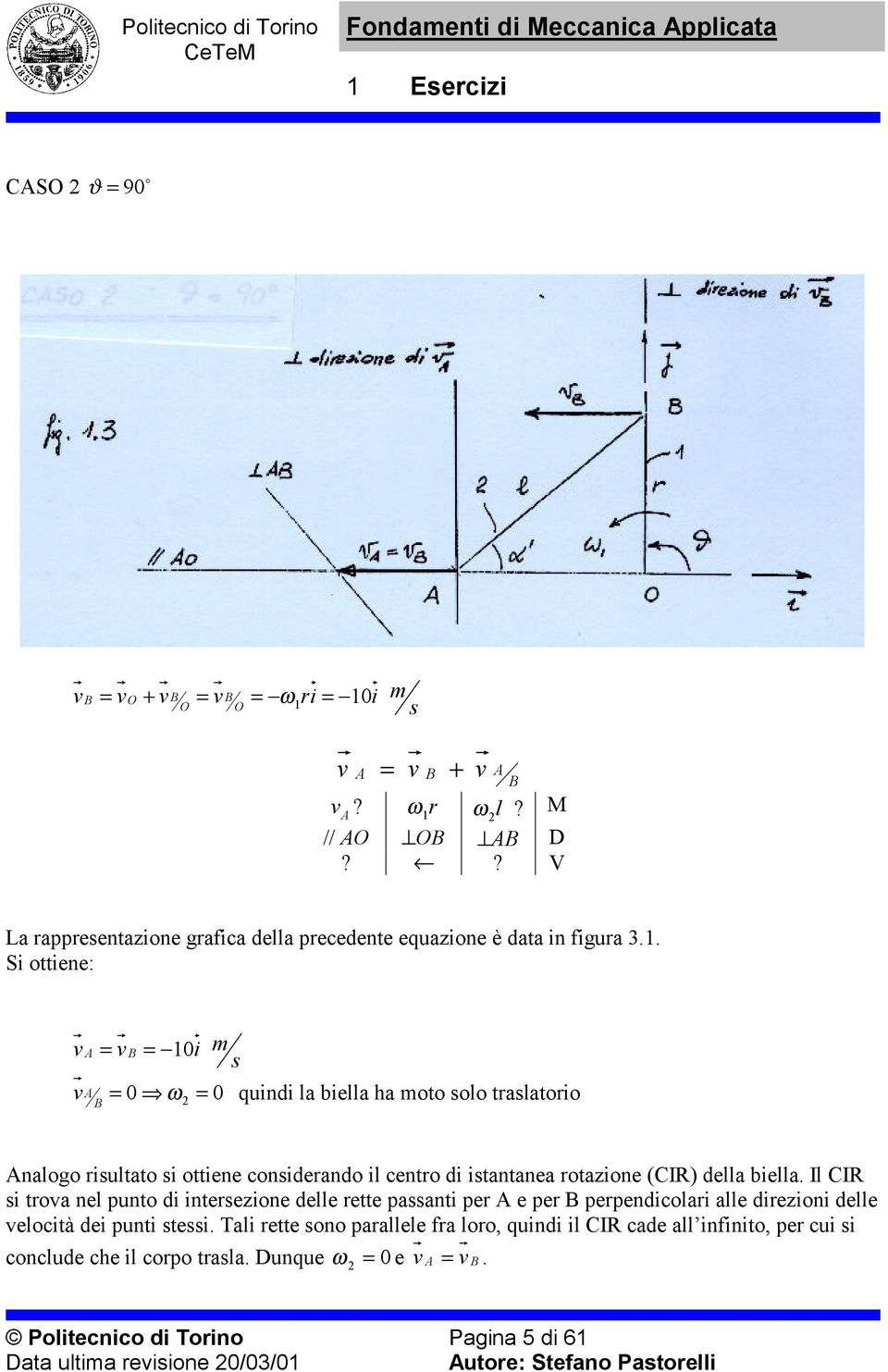 . Si ttiene: = = 0i = 0 ω = 0 quindi l biell h t l trltri nlg riultt i ttiene cnidernd il centr di itntne rtzine (CIR) dell biell.