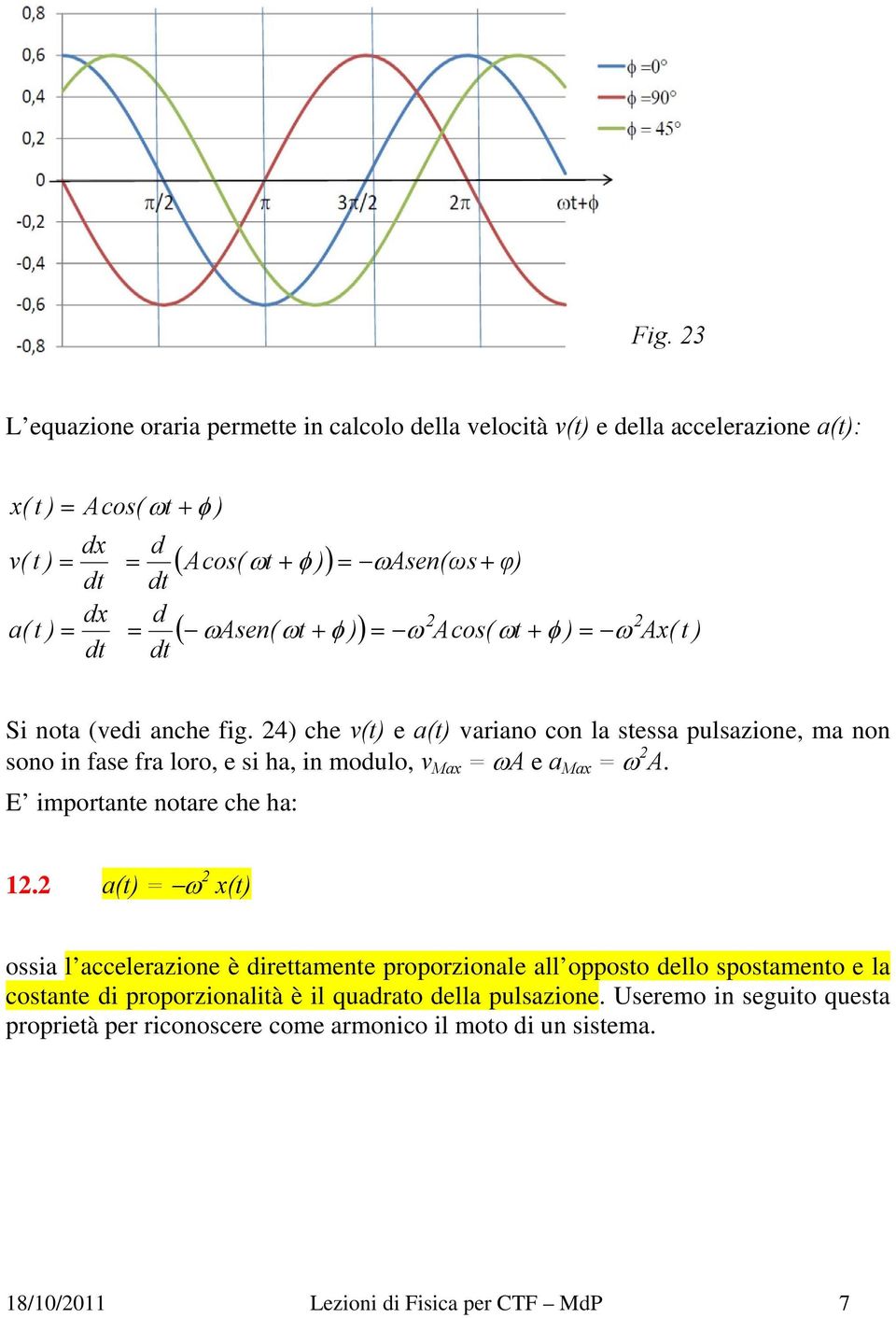 4) che v(t) e a(t) vaiano con la stessa pulsazione, ma non sono in fase fa loo, e si ha, in modulo, v Max = A e a Max = A. E impotante notae che ha: 1.