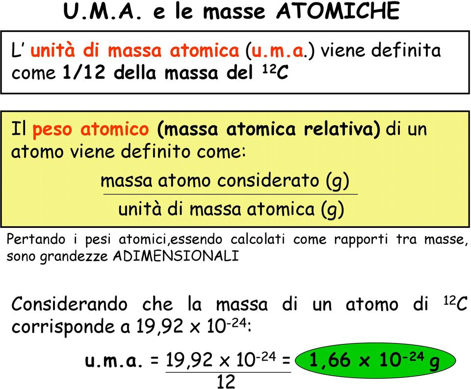 sa atomica (u.m.a.) viene definita come 1/12 della massa del 12 C Il peso atomico (massa atomica relativa) di un