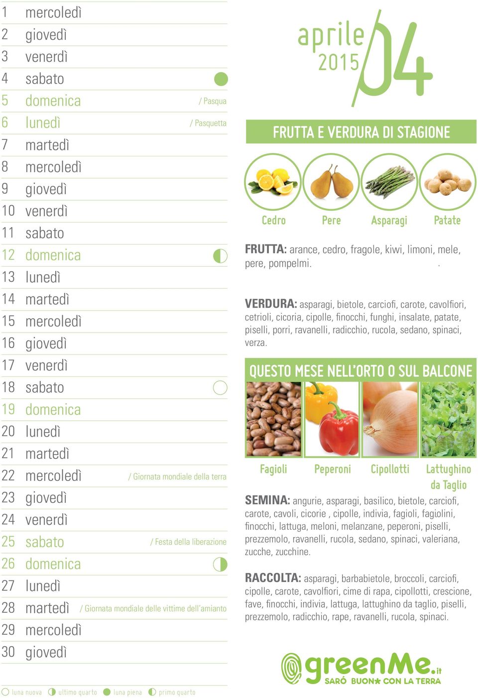 . VERDURA: asparagi, bietole, carciofi, carote, cavolfiori, cetrioli, cicoria, cipolle, finocchi, funghi, insalate, patate, piselli, porri, ravanelli, radicchio, rucola, sedano, spinaci, verza.