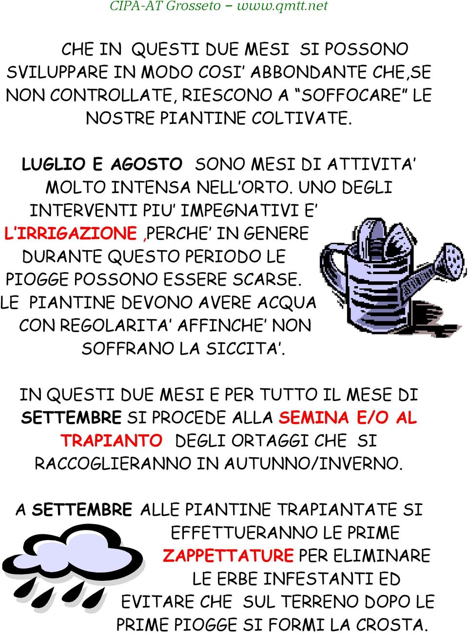 UNO DEGLI INTERVENTI PIU IMPEGNATIVI E L IRRIGAZIONE,PERCHE IN GENERE DURANTE QUESTO PERIODO LE PIOGGE POSSONO ESSERE SCARSE.