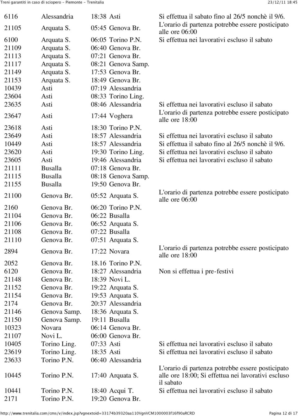 23635 Asti 08:46 Alessandria Si effettua nei lavorativi escluso il sabato 23647 Asti 17:44 Voghera 23618 Asti 18:30 Torino P.N.
