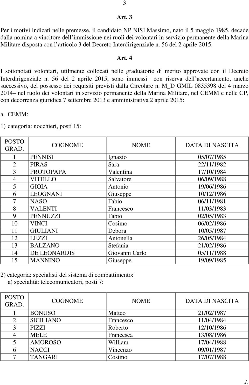 Marina Militare disposta con l articolo 3 del Decreto Interdirigenziale n. 56 del 2 aprile 2015. Art.