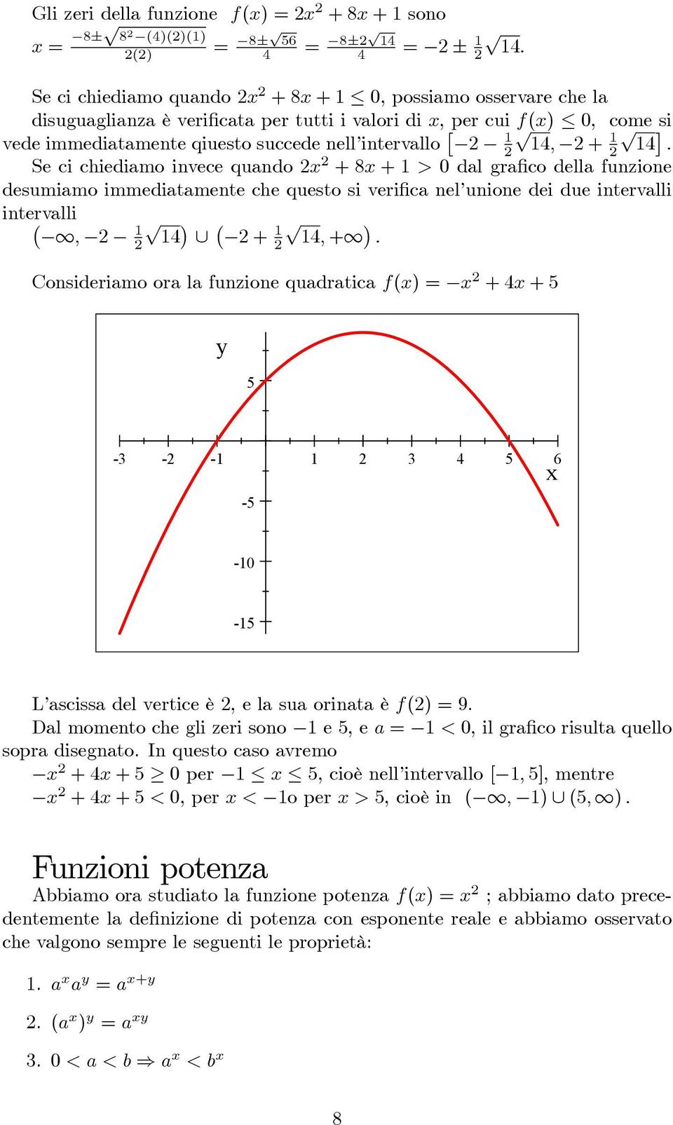 nel unione dei due intervalli intervalli p ; 4 [ + p 4; + : Consideriamo ora la funzione quadratica f() = + 4 + 5 5 3 3 4 5 6 5 0 5 L ascissa del vertice è, e la sua orinata è f() = 9.