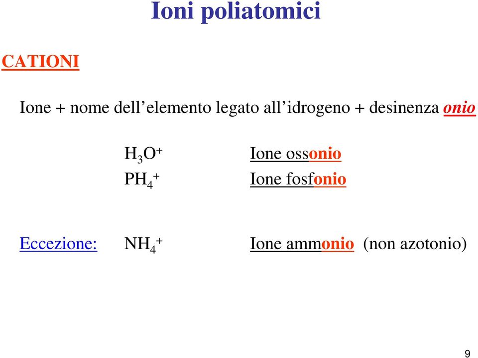 onio H 3 O + PH 4 + Ione ossonio Ione
