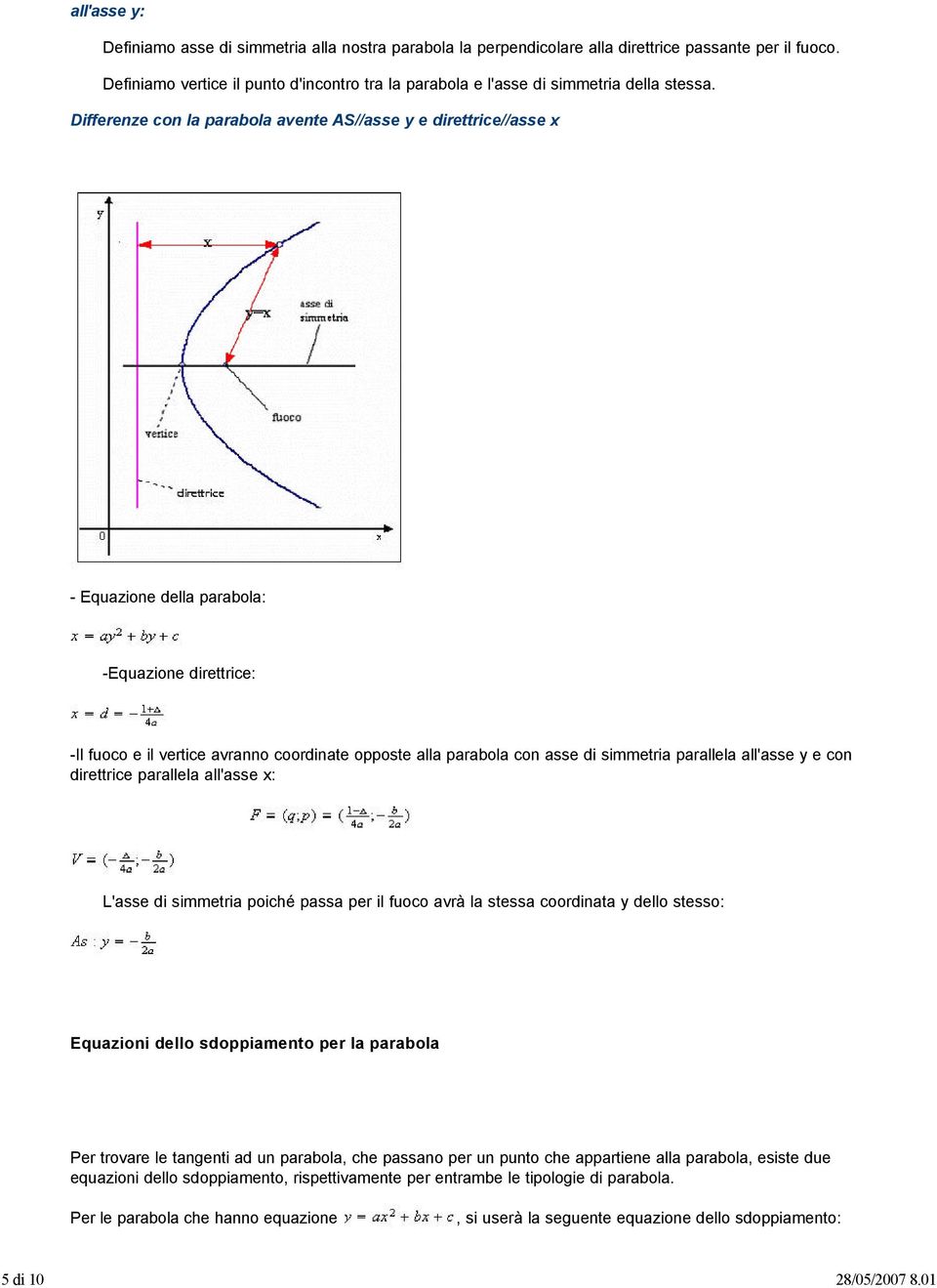 Differenze con la parabola avente AS//asse y e direttrice//asse x - Equazione della parabola: -Equazione direttrice: -Il fuoco e il vertice avranno coordinate opposte alla parabola con asse di