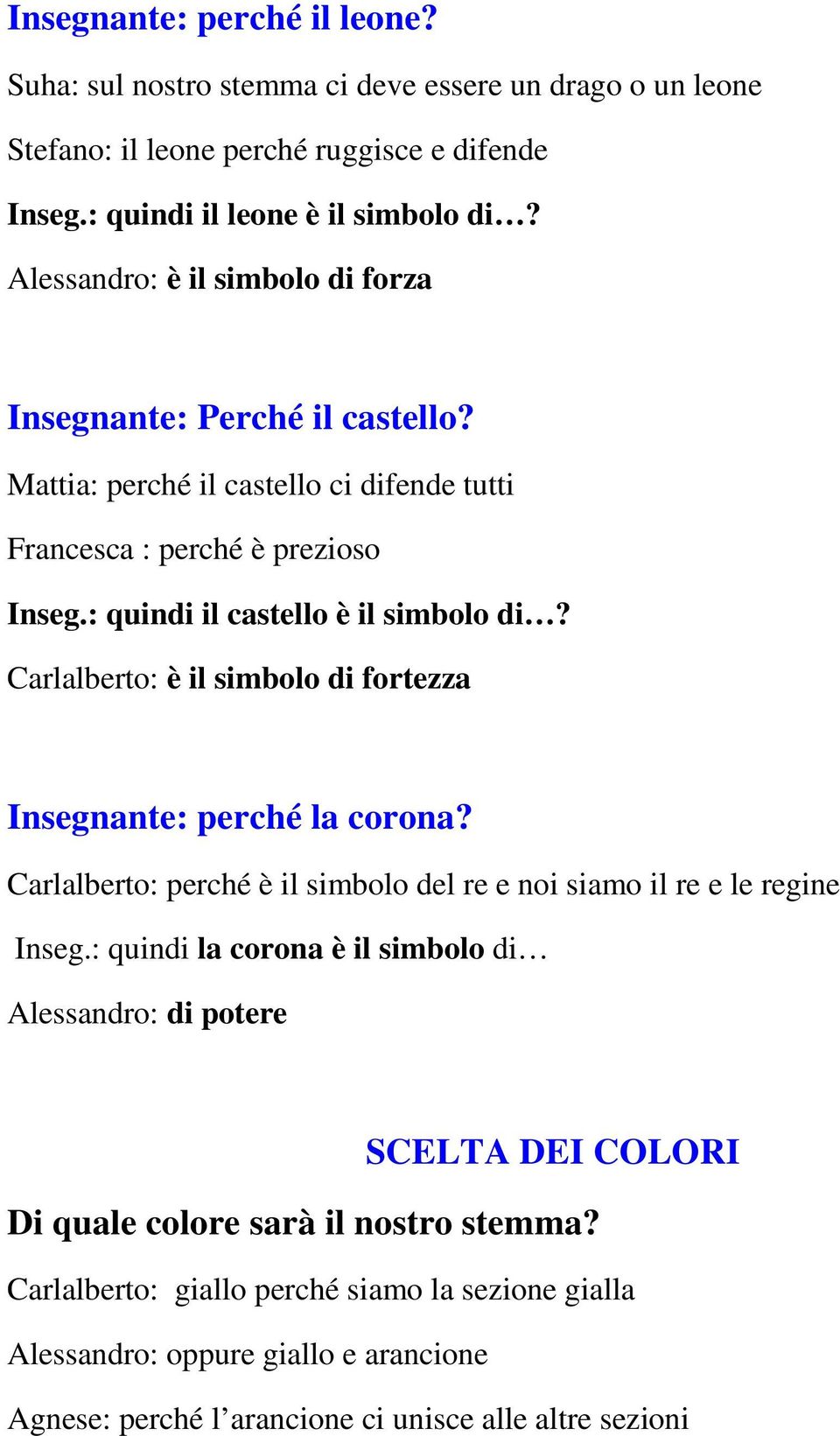 Carlalberto: è il simbolo di fortezza Insegnante: perché la corona? Carlalberto: perché è il simbolo del re e noi siamo il re e le regine Inseg.