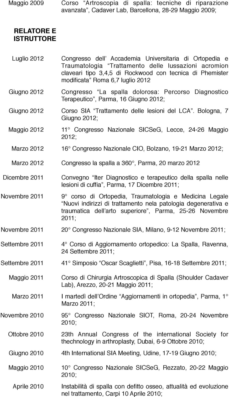 Percorso Diagnostico Terapeutico, Parma, 16 Giugno 2012; Giugno 2012 Corso SIA Trattamento delle lesioni del LCA.