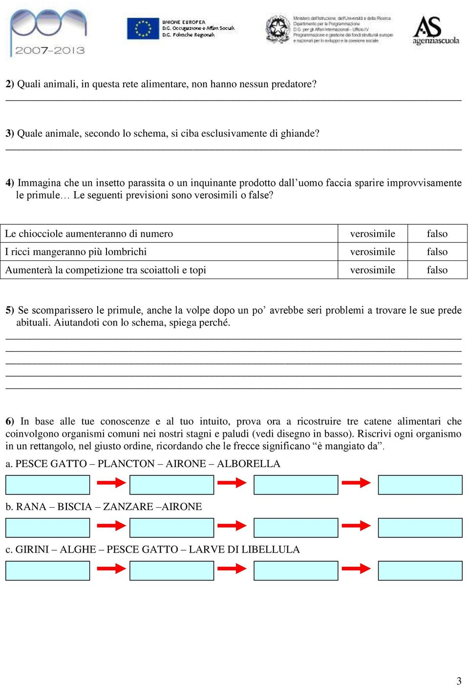 Le chiocciole aumenteranno di numero verosimile falso I ricci mangeranno più lombrichi verosimile falso Aumenterà la competizione tra scoiattoli e topi verosimile falso 5) Se scomparissero le