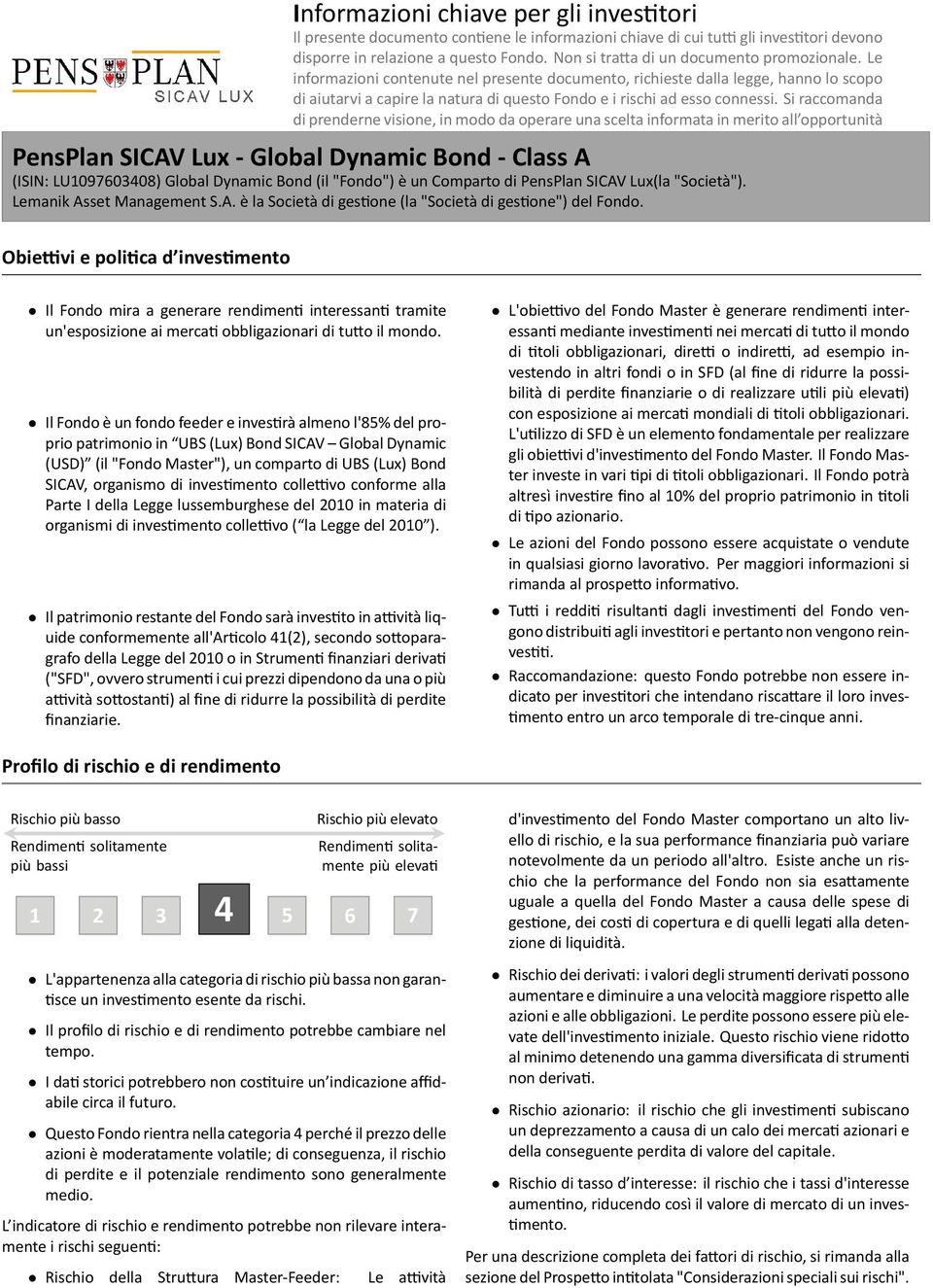 prenderne visione, in modo da operare una scelta informata in merito all opportunità di inves re PensPlan SICAV Lux - Global Dynamic Bond - Class A (ISIN: LU1097603408) Global Dynamic Bond (il