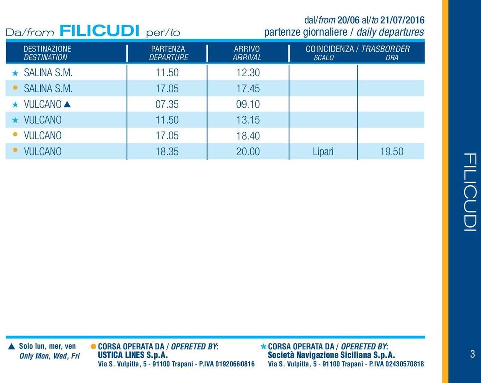 45 09.10 13.15 18.40 20.00 Lipari 19.