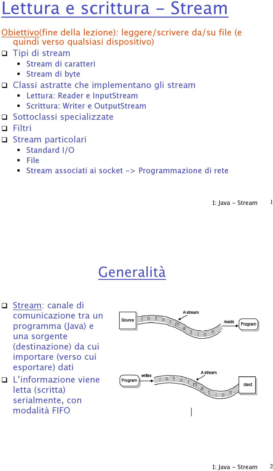 Sottoclassi specializzate! Filtri! Stream particolari " Standard I/O " File " Stream associati ai socket -> Programmazione di rete 1: Java - Stream 1 Generalità!