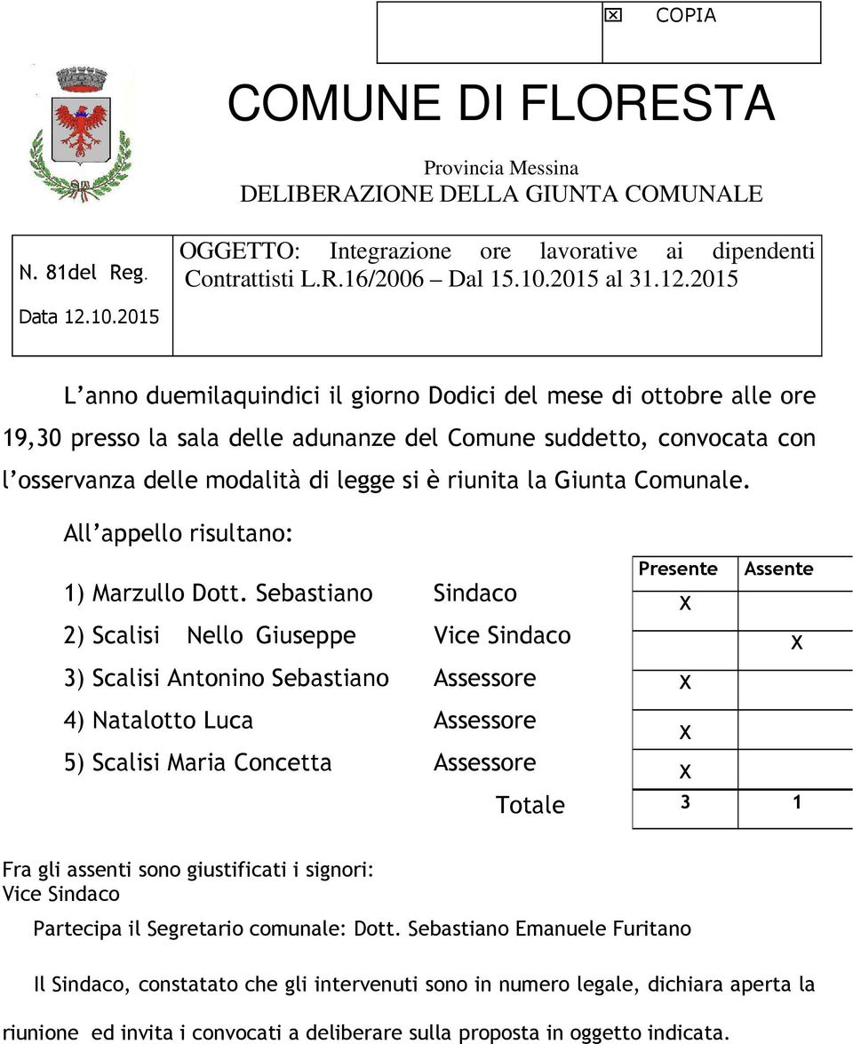 2015 L anno duemilaquindici il giorno Dodici del mese di ottobre alle ore 19,30 presso la sala delle adunanze del Comune suddetto, convocata con l osservanza delle modalità di legge si è riunita la