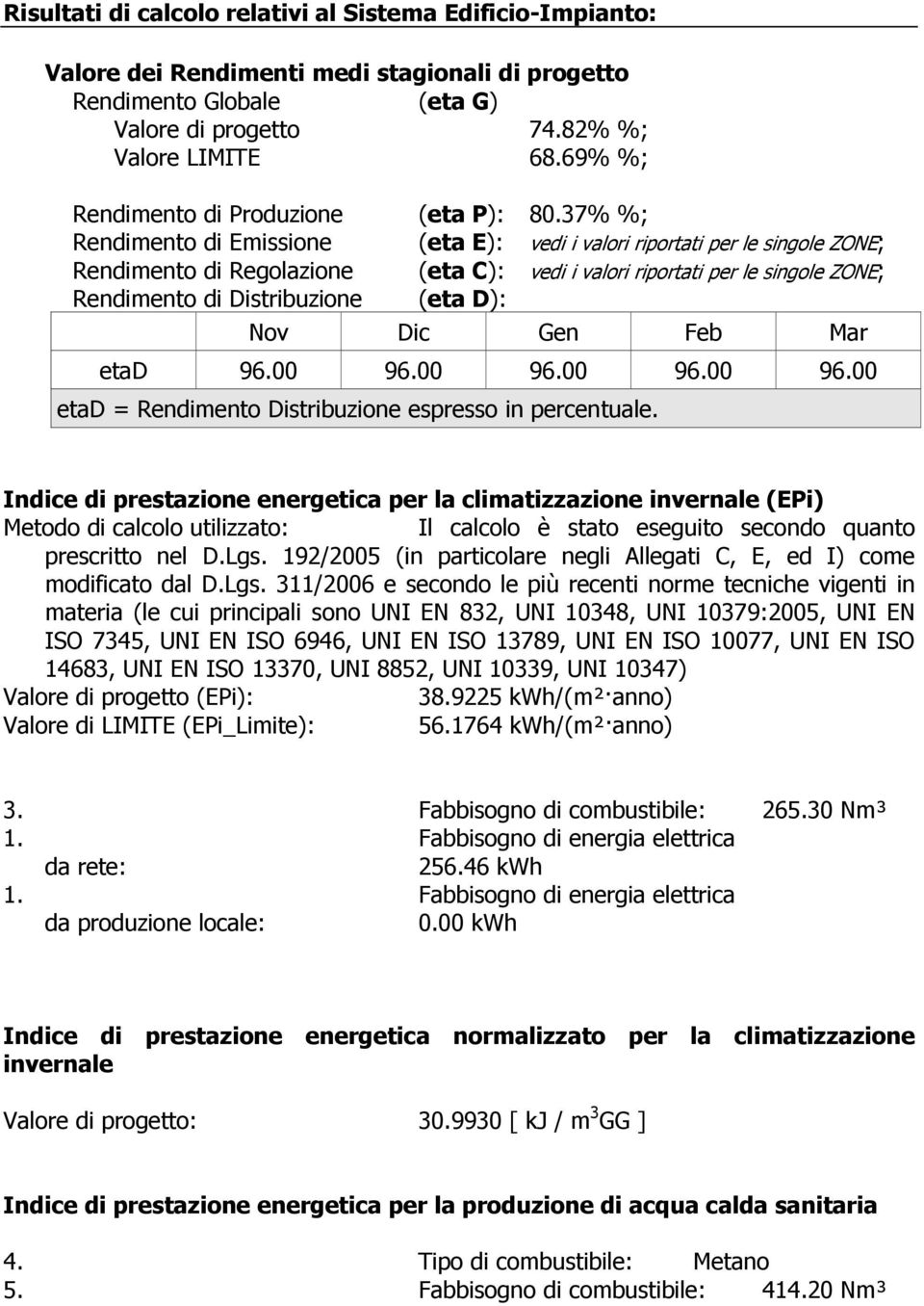 37% %; Rendimento di Emissione (eta E): vedi i valori riportati per le singole ZONE; Rendimento di Regolazione (eta C): vedi i valori riportati per le singole ZONE; Rendimento di Distribuzione (eta