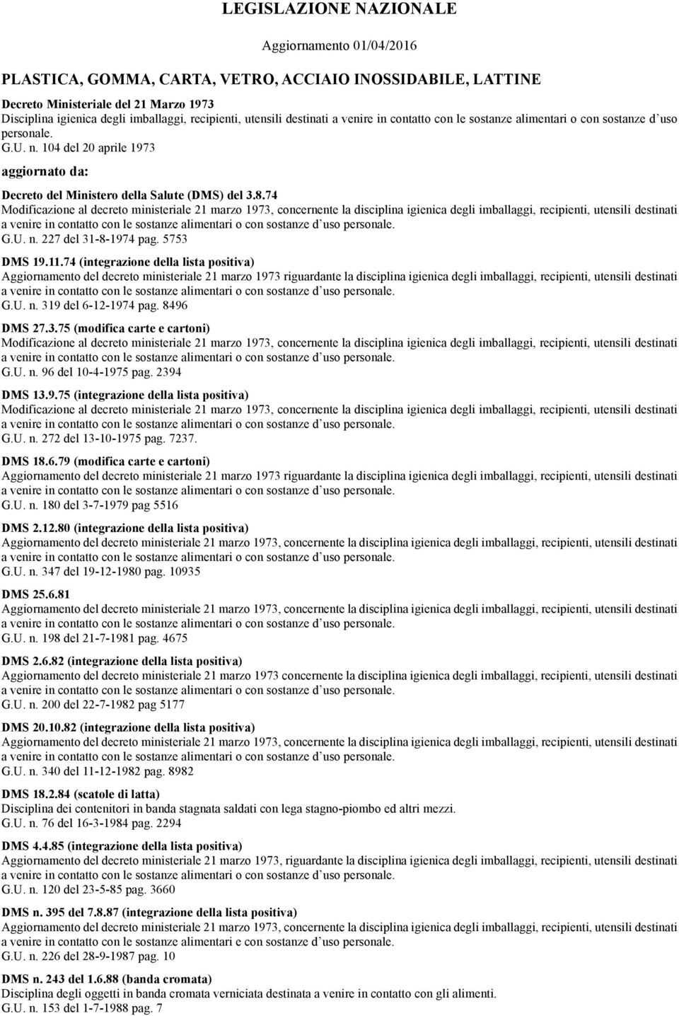 74 Modificazione al decreto ministeriale 21 marzo 1973, concernente la disciplina igienica degli imballaggi, recipienti, utensili destinati G.U. n. 227 del 31-8-1974 pag. 5753 DMS 19.11.