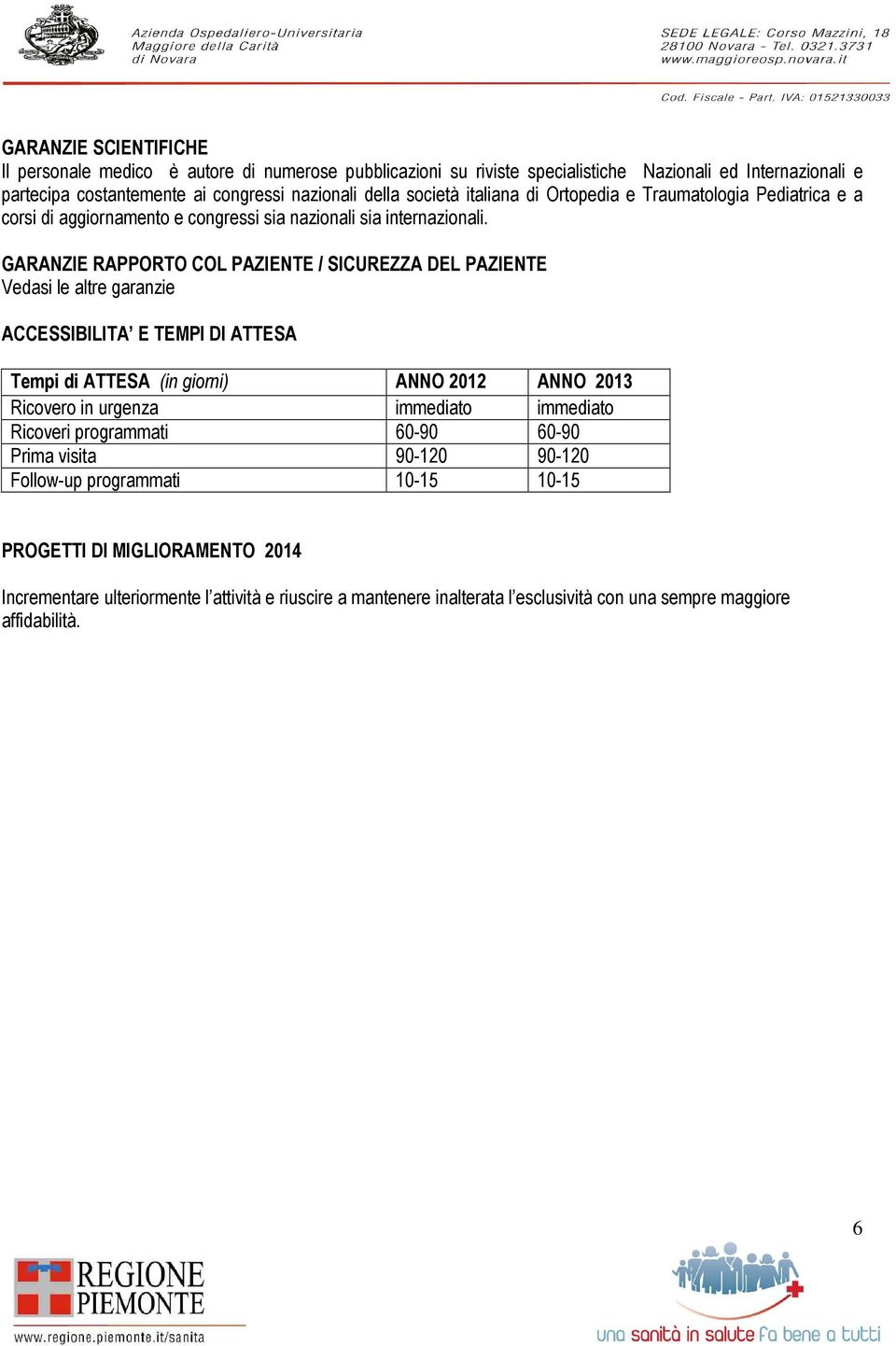 GARANZIE RAPPORTO COL PAZIENTE / SICUREZZA DEL PAZIENTE Vedasi le altre garanzie ACCESSIBILITA E TEMPI DI ATTESA Tempi di ATTESA (in giorni) ANNO 2012 ANNO 2013 Ricovero in urgenza immediato