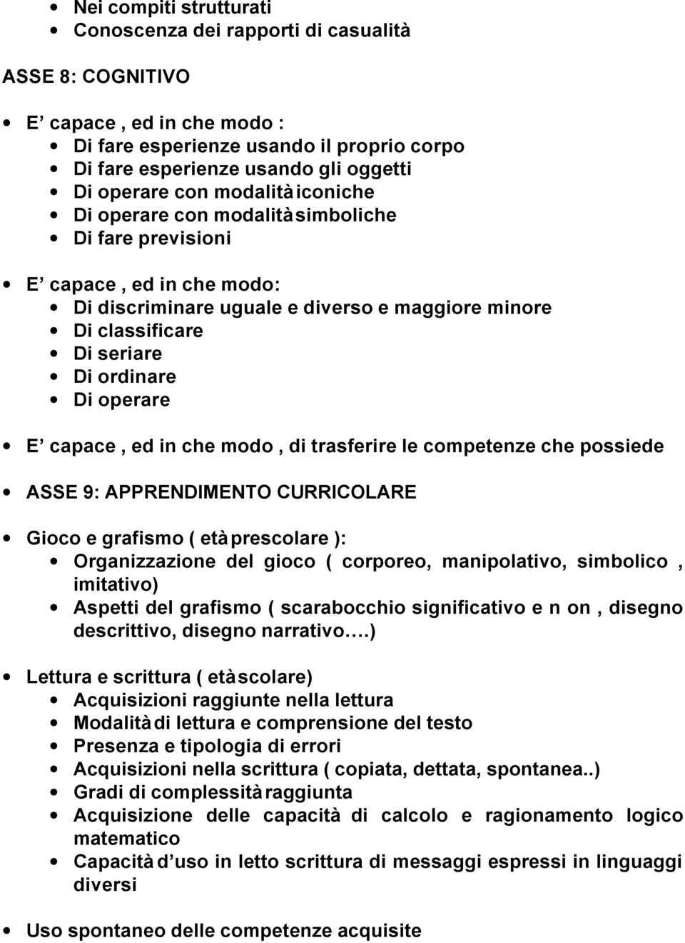 operare E capace, ed in che modo, di trasferire le competenze che possiede ASSE 9: APPRENDIMENTO CURRICOLARE Gioco e grafismo ( età prescolare ): Organizzazione del gioco ( corporeo, manipolativo,