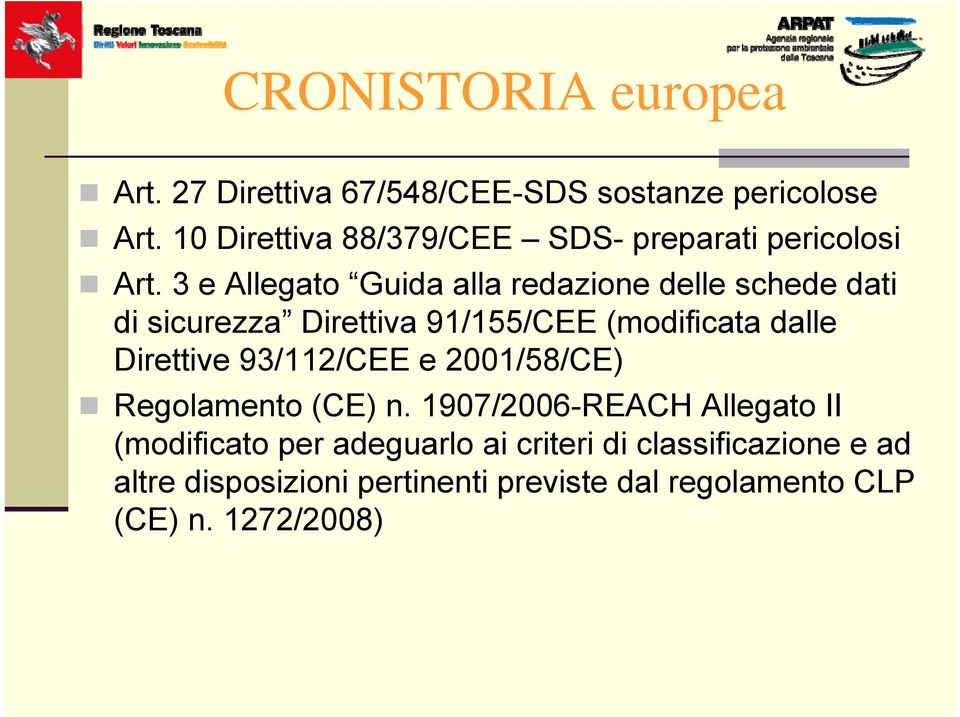 3 e Allegato Guida alla redazione delle schede dati di sicurezza Direttiva 91/155/CEE (modificata dalle Direttive