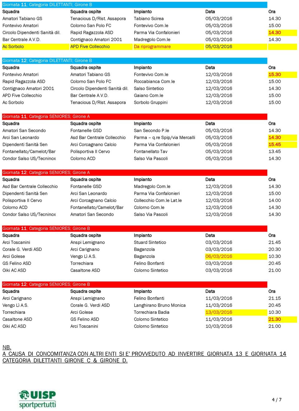 30 Ac Sorbolo APD Five Collecchio Da riprogrammare 05/03/2016 Giornata 12; Categoria DILETTANTI; Girone B Fontevivo Amatori Amatori Tabiano GS Fontevivo Com.le 12/03/2016 15.