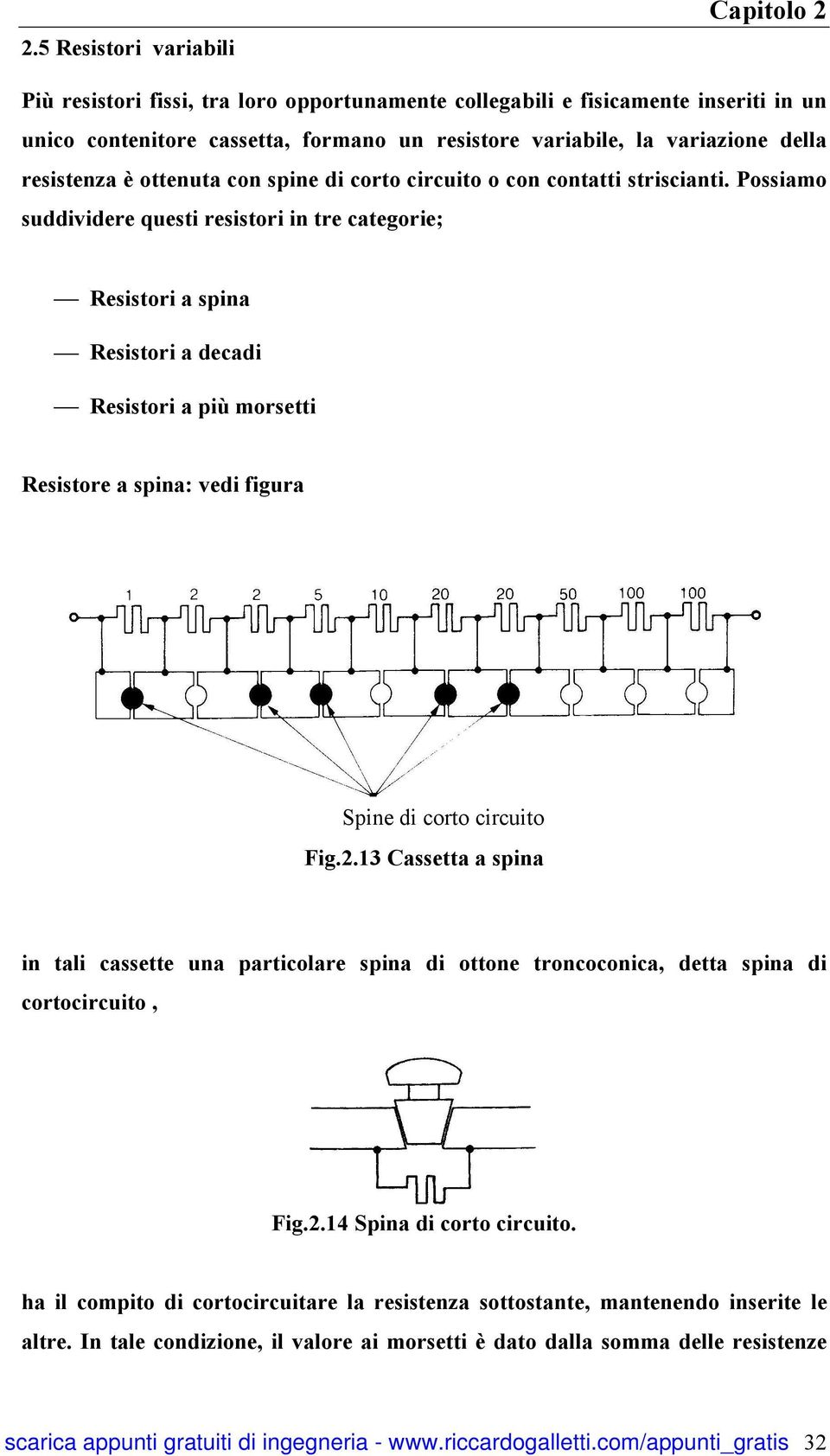 Possiamo suddividere questi resistori in tre categorie; Resistori a spina Resistori a decadi Resistori a più morsetti Resistore a spina: vedi figura Spine di corto circuito Fig.2.