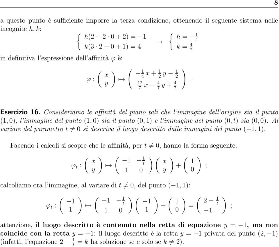 descriva il luogo descritto dalle immagini del punto, Facendo i calcoli si scopre che le affinità, per t 0, hanno la forma seguente: ϕ t : t 0 0 calcoliamo ora l immagine, al variare di t 0, del