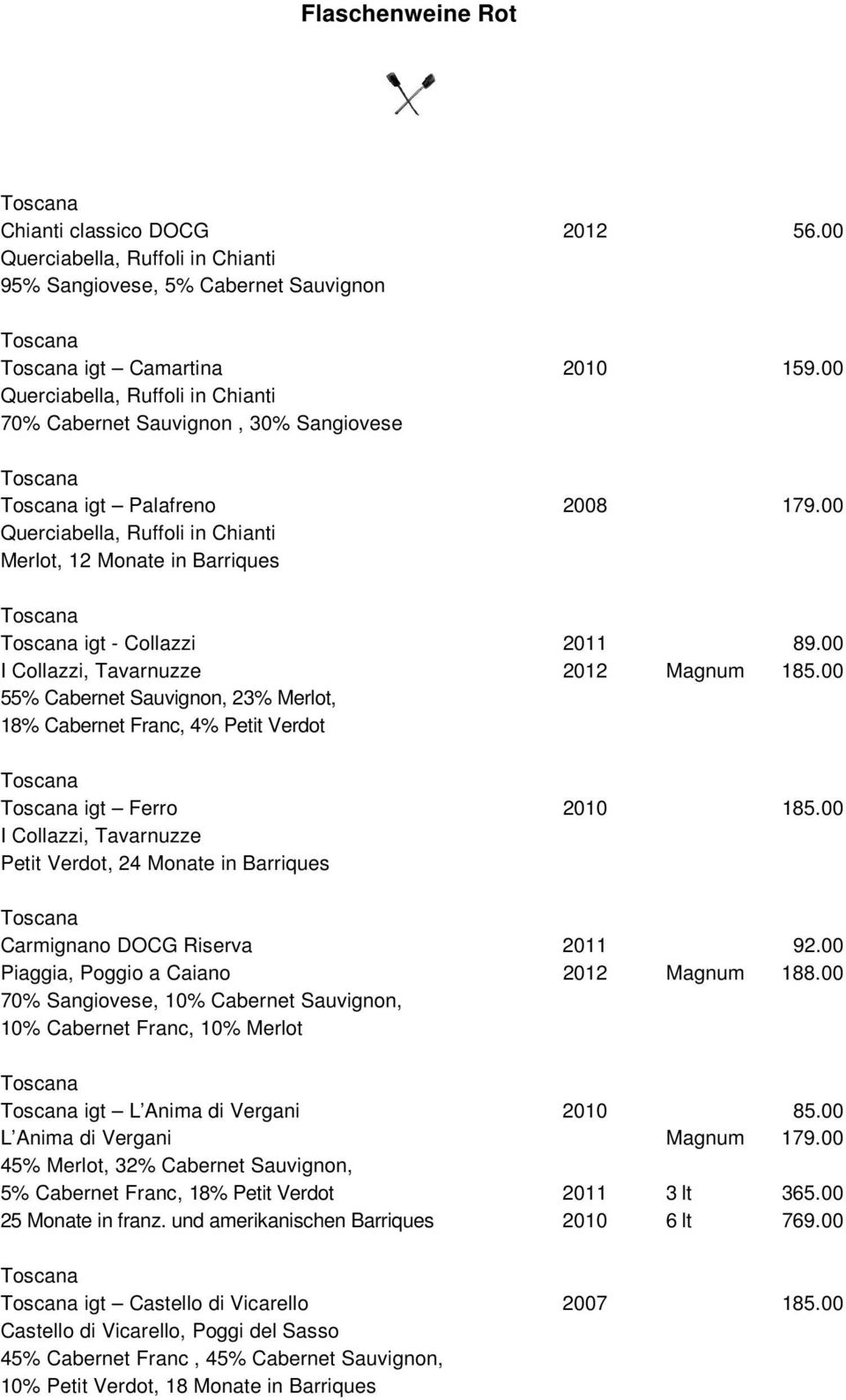 00 igt - Collazzi I Collazzi, Tavarnuzze 55% Cabernet Sauvignon, 23% Merlot, 18% Cabernet Franc, 4% Petit Verdot 89.00 Magnum 185.