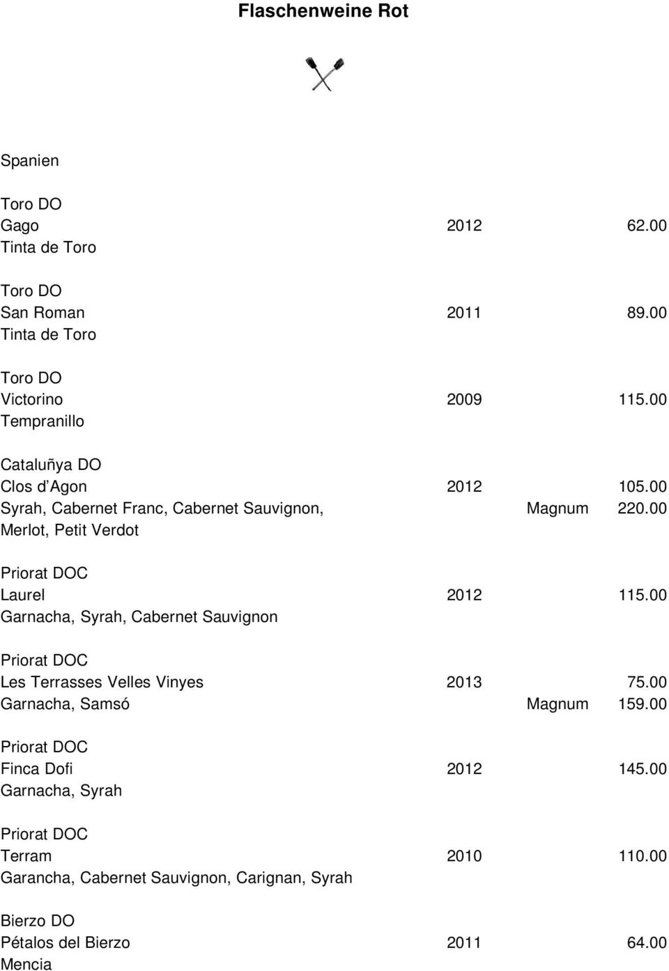 00 Priorat DOC Laurel Garnacha, Syrah, Cabernet Sauvignon 115.00 Priorat DOC Les Terrasses Velles Vinyes 2013 Garnacha, Samsó 75.