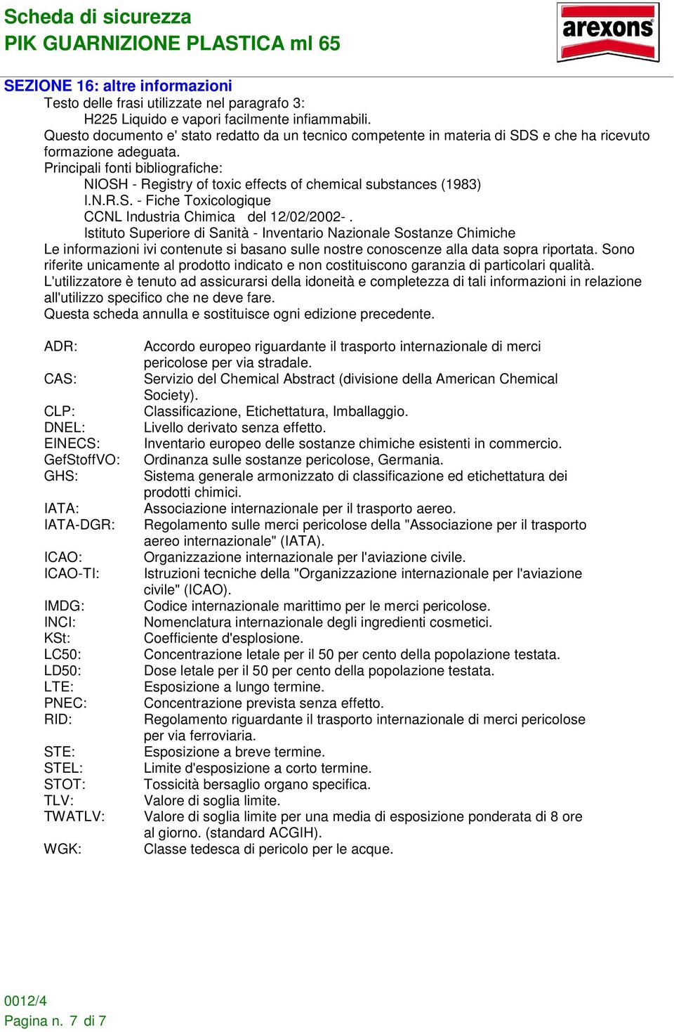 Principali fonti bibliografiche: NIOSH - Registry of toxic effects of chemical substances (1983) I.N.R.S. - Fiche Toxicologique CCNL Industria Chimica del 12/02/2002-.