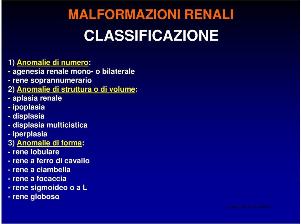 ipoplasia - displasia - displasia multicistica - iperplasia 3) Anomalie di forma: - rene